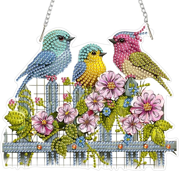 Hanging Diamond Art Kit for Adult, Adorable Bird, 5D Special Shaped Rhinestone Diamond Painting Ornament, Flower and Bird, DIY Acrylic Diamond Art Painting Window Pendants Home Garden Wall Decor