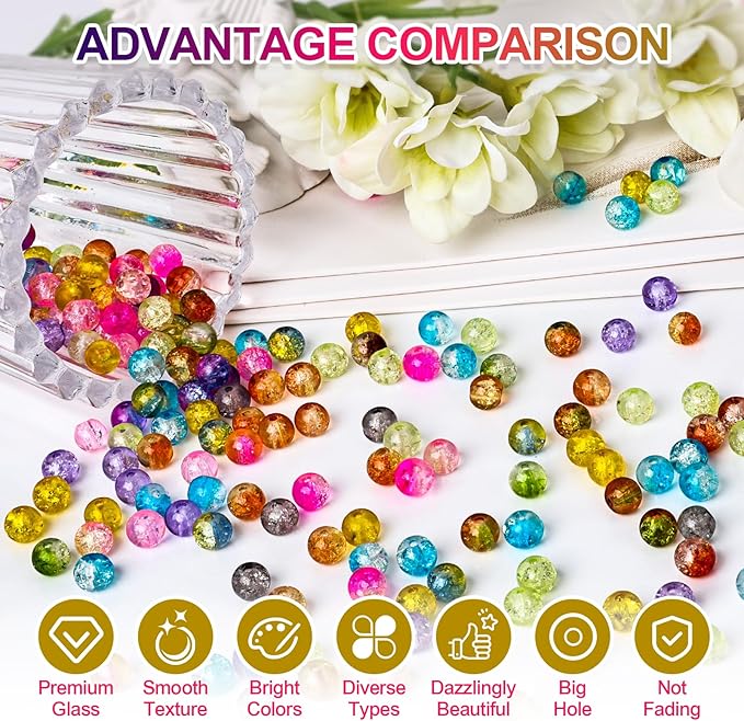 XSEINO About 1200+ PCS 6mm Cracked Style Glass Beads Bracelet Making Kit, 24 Assorted Colorful Crack Series Crystal Beads for Jewelry Making and DIY Crafts, Friendship Bracelets