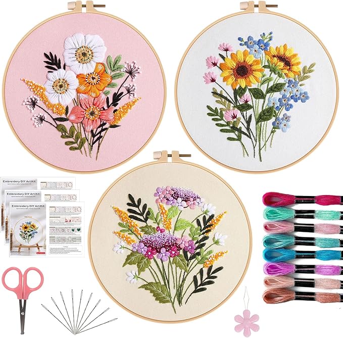 Offizon 3 PCS Embroidery Kit for Beginners - Cross Stitch DIY Craft Set, Flower Embroidery Accessories & Hoop Included, Hand Embroidery Kit for Adults Stitching Sewing Kit Gift | FlowerB Patterns