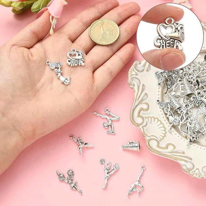DanLingJewelry 80Pcs 8 Styles Cheerleader Charms Gymnastics Sport Girl Charms for Crafting Jewelry Findings Making