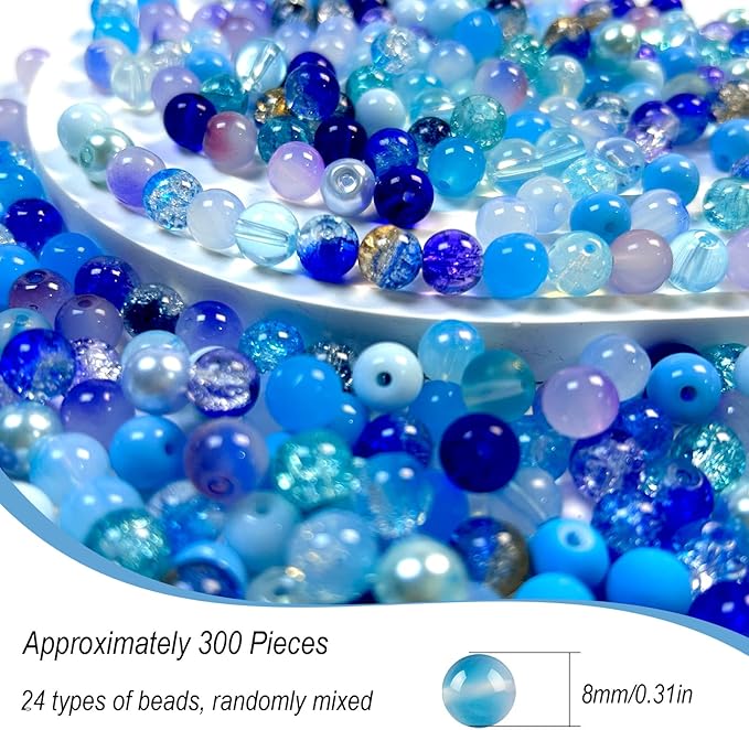 300pcs 8mm Glass Beads, 24 Colors Assorted Glass Beads for Jewelry Making, Blue Series Round Spacer Bead Kit for Bracelet Necklace DIY Craft