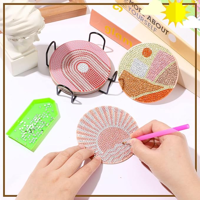 UPINS 8Pcs Boho Diamond Art Painting Coasters for Drinks DIY Coaster Diamond Art Kits for Adults Kids Beginners Diamond Art Craft Supplies (Boho)