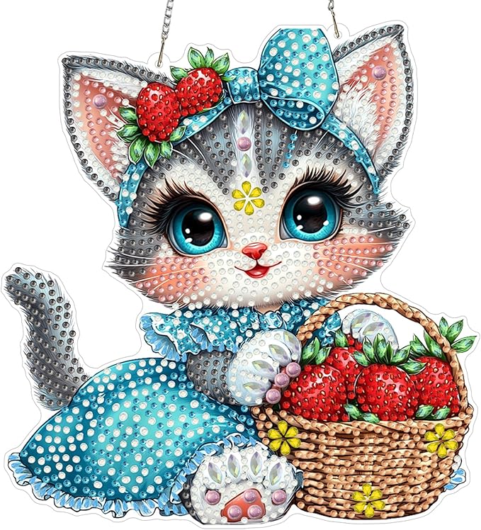 MXJSUA Cat Strawberry Diamond Art Hanging Kits for Adults Beginners, DIY Acrylic Special Shaped Crystal Diamond Gem Drills Pendant Art Painting Ornament for Home Wall Decor Gift 8x8 inch