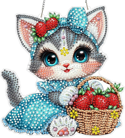 MXJSUA Cat Strawberry Diamond Art Hanging Kits for Adults Beginners, DIY Acrylic Special Shaped Crystal Diamond Gem Drills Pendant Art Painting Ornament for Home Wall Decor Gift 8x8 inch