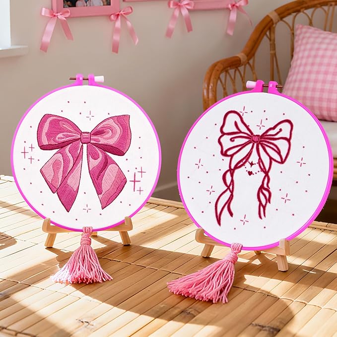2 Sets Pink Hand Embroidery Kits for Beginners Adults, Cute Bow Embroidery Starter Kits, Cross Stitch Kits for Beginner Needlepoint DIY Kits for Adult, 2 Set Embroidery Hoops, Thread & Video Tutorial