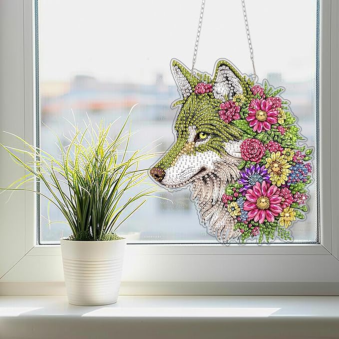 SENQAO Wolf Diamond Art Hanging Kits for Adults Kids, Acrylic Diamonds Painting Pendant Board Kit Wolf, Diamond Art Painting Window Pendants Home Garden Wall Hanging Kits Hanging Ornament