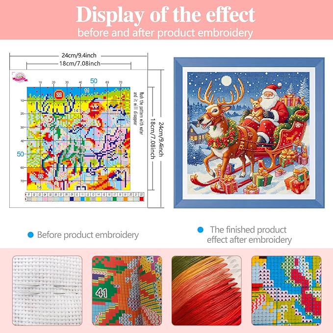 Zhenqing Santa Claus Cross Stitch Kit – 11CT 9.45x9.45in Aida Cloth with Gifts, Bells & Snowflakes – Festive Holiday Embroidery for Christmas Decor(67915)
