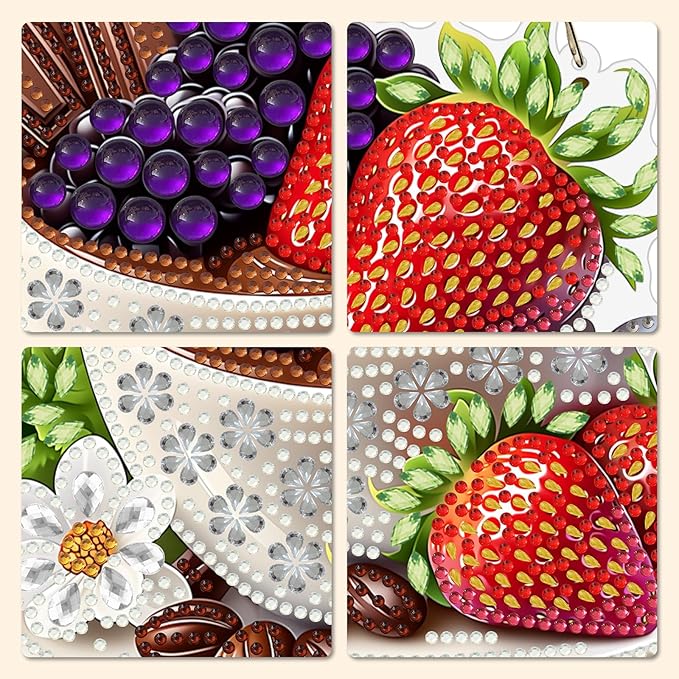 MXJSUA Strawberries Coffee Diamond Painting Art Window Suncatchers, Diamond Art Kits for Adults Hanging Ornaments with Chain, 5D Special Shape Crystal Diamond Pendant Accessories for Decor Gift