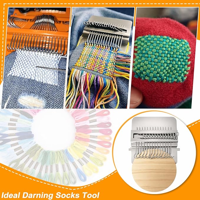 Knit Patch Kit, Mini Darning Loom, Darning Egg Weaving Tool Include Small Weaving Loom with 14 Large Eye Needles 50 Colors Thread for Visible Mending Jeans, Socks and DIY Fabric Repair (Natural Wood)