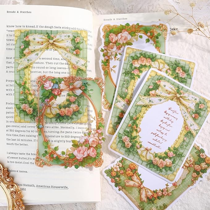 TIAMECH Record Romance PET & Washi Stickers - 60 Pcs Blue Wave Forest & Silk Lace Green Light Design, Waterproof Sticker for Journaling & Scrapbooking, Junk Journal Supplies, Ephemera & DIY Crafts