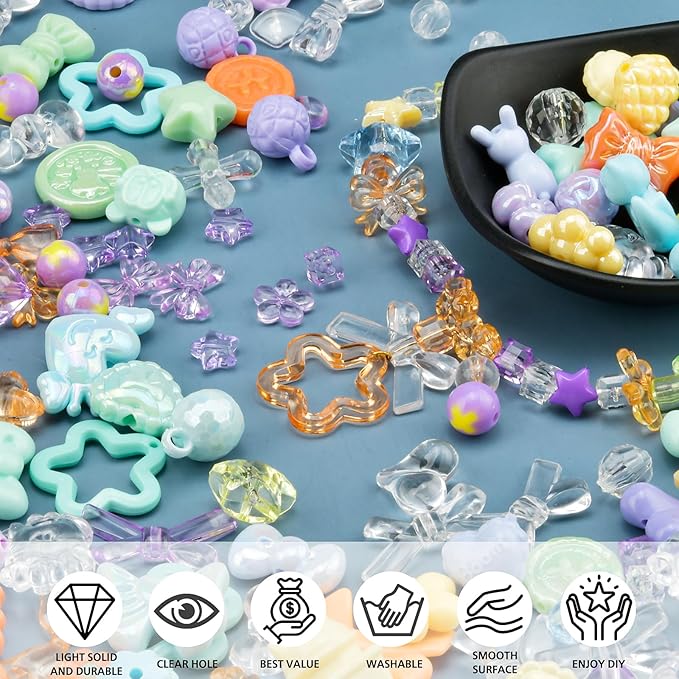 ABONDEVER 245-300Pcs Assorted Acrylic Beads for Bracelets Making kawaii Star Bow Flower Candy Heart Gummy Bear Butterfly Aesthetic Beads for DIY Jewelry Crafts Keychain Necklace Phone Charms(5 Colors)