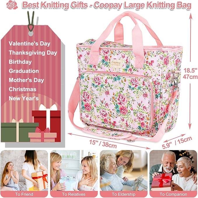 Coopay Large Crochet Bag Knitting Bags and Totes Organizer, Traveling Crochet Bags Yarn Bag for Carrying Crochet Hooks, Knitting Kit, Skein Yarn Wool, Project, Knitting & Crochet Supplies, Pink Flower