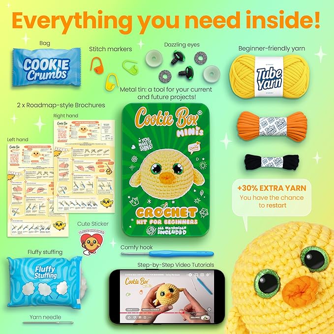 Cookie Box MINIs Crochet Kit for Beginners – Gift Set to Make Duck Daisy Amigurumi Plushie – Easy DIY Crochet & Knitting Starter Kit with Printed Instructions & Step-by-Step Video Tutorial