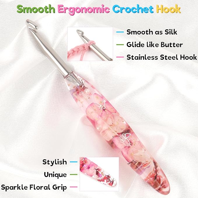Katech 6.5mm Crochet Hook for Arthritic Hands, Hand-Polished Stainless Steel Ergonomic Crochet Hooks with Customized Sparkle Dried Floral Grip, Soft Tapered Hook-Crochet Gift for Beginner & Crocheter