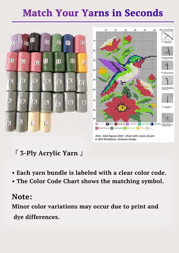 Hummingbird Garden Latch Hook Rug Kit – Vibrant Bird & Flowers Design | Pre-Printed Canvas & Soft Yarn for Adults – Relaxing Yarn Craft for Wall Decor Holiday Gifts, 23.6''x15.8'' (Hummingbird Bloom)