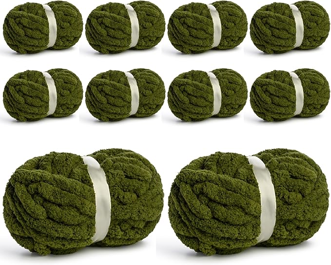 10 Pack Jumbo Chenille Yarn for Crocheting, #10 Super Bulky Baby Soft Yarn for Hand Knitting, 220 yds /70.5 oz Fluffy Chunky Knit Throw Blanket Yarn (Olive Green)