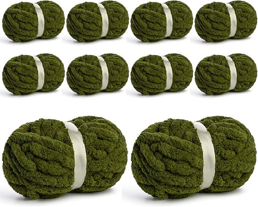 10 Pack Jumbo Chenille Yarn for Crocheting, #10 Super Bulky Baby Soft Yarn for Hand Knitting, 220 yds /70.5 oz Fluffy Chunky Knit Throw Blanket Yarn (Olive Green)