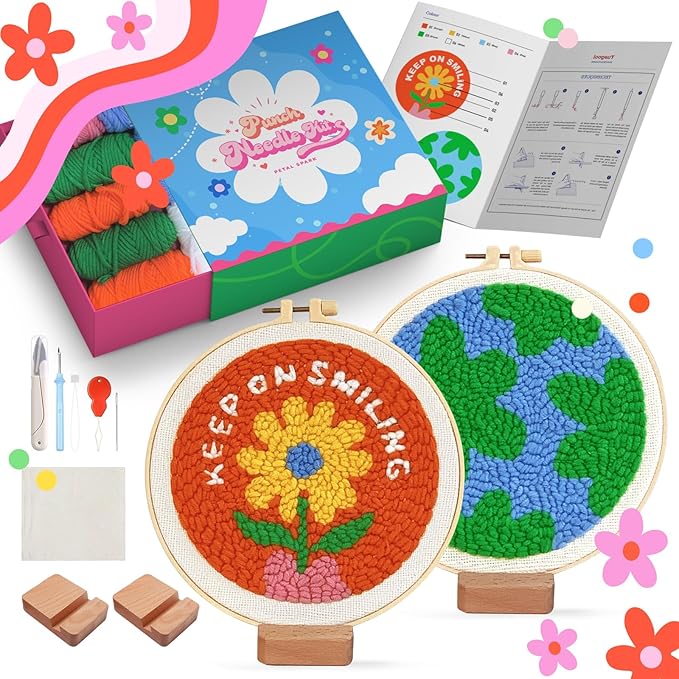 yuegool 2PCS Punch Needle Decoration Kit,Easy DIY Punch Needle Embroidery Kit for Beginners Adults Including Patterns, Tools, Yarns, Hoop, Instruction, Bracket Art Craft Supplies