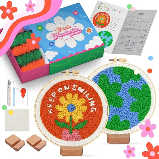 yuegool 2PCS Punch Needle Decoration Kit,Easy DIY Punch Needle Embroidery Kit for Beginners Adults Including Patterns, Tools, Yarns, Hoop, Instruction, Bracket Art Craft Supplies
