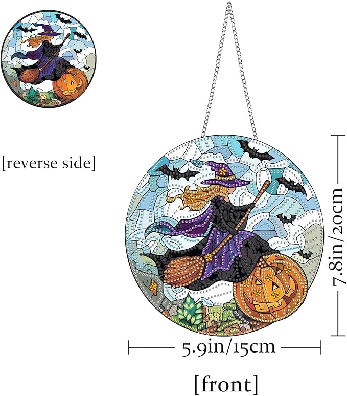 Pavemlo Hanging Diamond Art Kits for Adults Halloween Witch – 8x8 Inch Double-Sided Acrylic Board DIY Crystal Diamond Suncatcher Pendant, Sparkling Home Wall or Window Decoration Handmade Gift