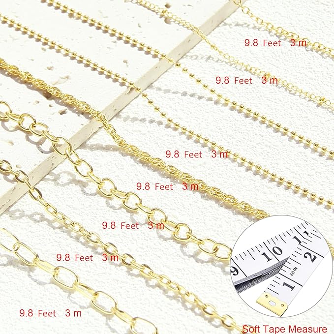 ZYEHXED Gold Necklace Chains for Jewelry Making, 68 Feet 7 Style Necklace Jewelry Chains for DIY Necklaces Bracelets Craft Making Supplies with Jump Rings Lobster Clasp Connectors Soft Tape Measure