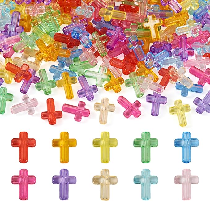 FASHEWELRY 200Pcs Candy Color Acrylic Cross Beads Clear Small Crosses Spacer Beads Transparent Acrylic Pony Bead Cute Bead Bulk for Bracelet Necklace Jewelry Making