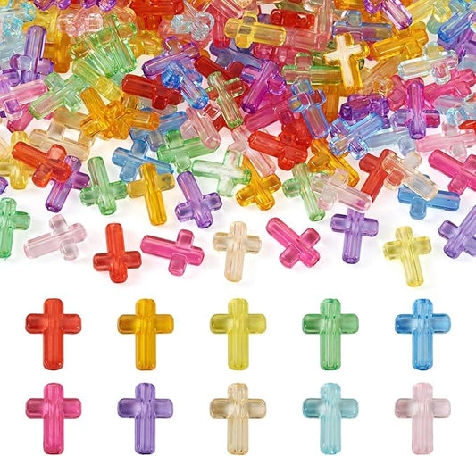FASHEWELRY 200Pcs Candy Color Acrylic Cross Beads Clear Small Crosses Spacer Beads Transparent Acrylic Pony Bead Cute Bead Bulk for Bracelet Necklace Jewelry Making