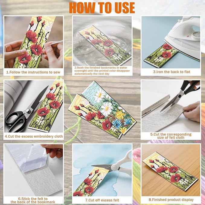 FREEBLOSS 6 Set Cross Stitch Bookmark Kit Wild Flowers Pattern Stamped Cross Stitch Kit 11CT Embroidery Kits with Instructions for Beginners Adult 20x6cm/8x2.4inch