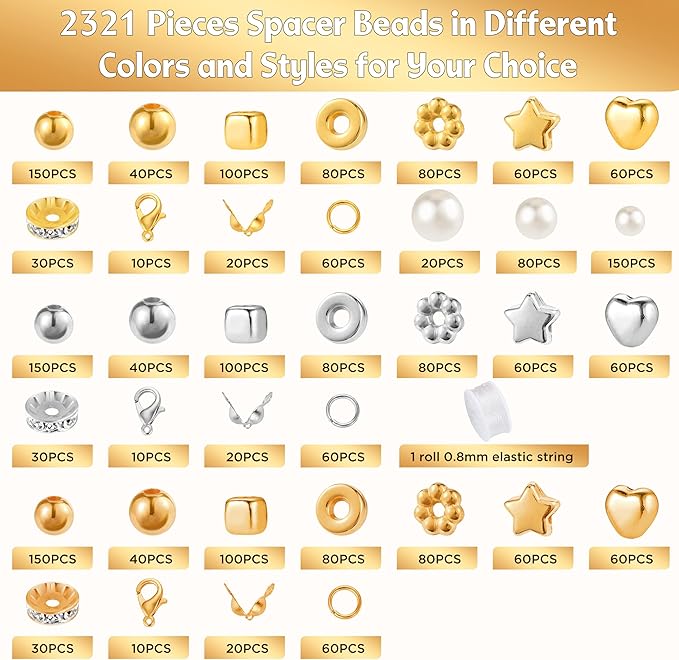 Funtopia Spacer Beads Bracelet Making Kit, 2320 Pcs Jewelry Making Supplies with Assorted Round Star Silver Gold Beads, Round Pearls and Lobster Clasps, DIY Crafts Necklaces Bracelets Earrings