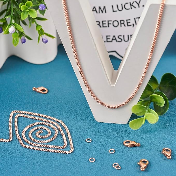 Pandahall 16.4 Feet Real Rose Gold Plated Brass Curb Chain Unwelded Twisted Jewelry Link Chains Bracelet Necklace Making Kit with Lobster Claw Clasps Jump Rings for DIY Jewelry Making