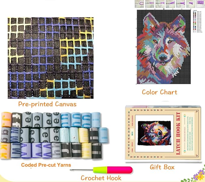 YOOTOM Wolf Latch Hook Kits for Adult, Latch Hook Rug Kits,Crochet Cross-Stitch Embroidery Rug Making Crafts with with Printed Canvas 20"x15"