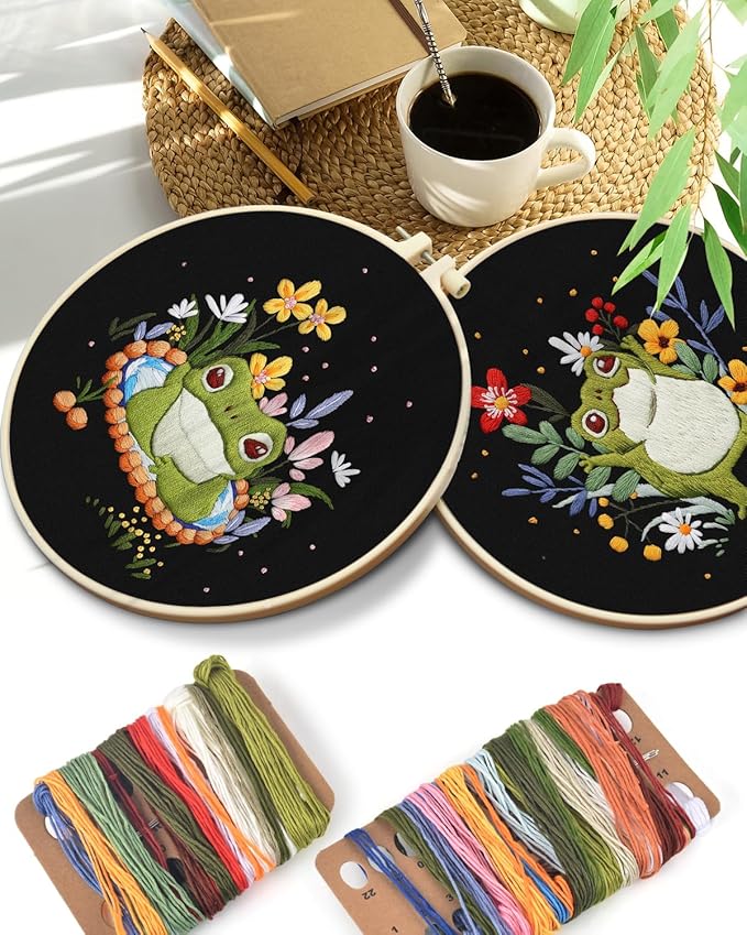 TINDTOP 2 Pack Embroidery Kit for Adult, Embroidery DIY Starter Kit, with Stamped Patterns, Hoop, Tools, Colorful Threads with Needles, Instructions (Frog)