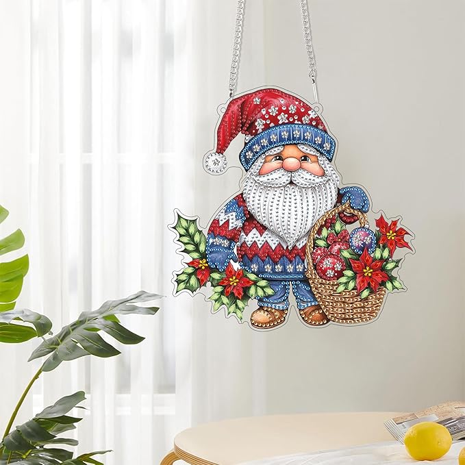 Reofrey Hanging Diamond Art Kits for Adults - 8x8 Inch Christmas Gnome Acrylic Board Double Sided Pattern Diamond Art Suncatcher Pendant, Crystal Art for Home Wall Window Decoration Handmade Gift