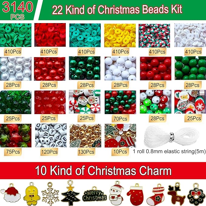 3140PCS Christmas Beads for Bracelets Jewelry Making Kit, Christmas Tree Snowflake Charms, Red Green Xmas Clay Beads Assorted Acrylic Crystal Round Pearl Star Spacer Bead for DIY Crafts Necklace