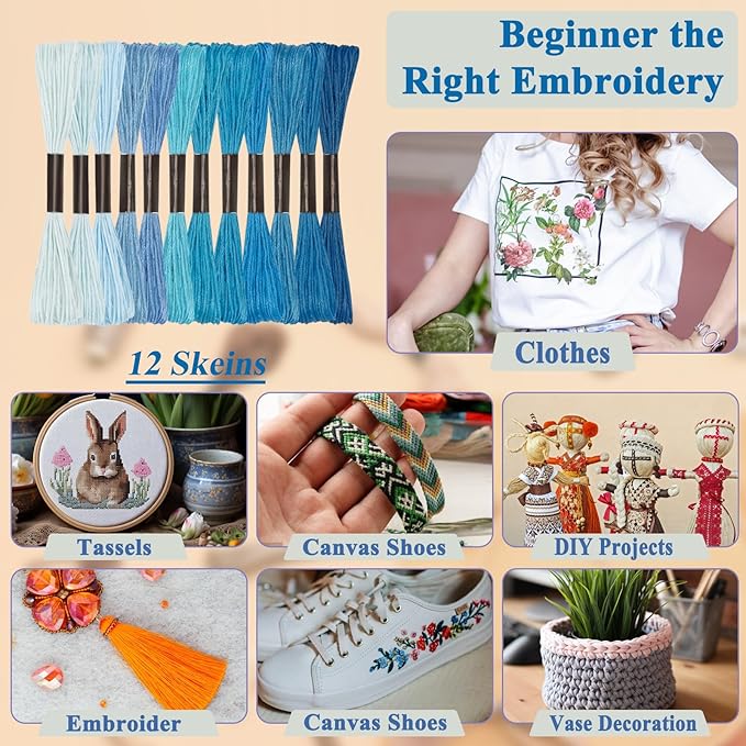 Friendship Bracelet String, 12 Skeins Blue Series Cross Stitch Thread, 344.5 Inch Cotton Embroidery Floss, Hand Embroidery Thread for DIY Sewing and Embroidery Crafts Making