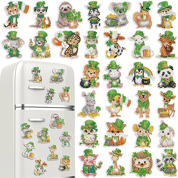 Xuhal 30 Pcs St Patrick's Day Diamond Painting Magnets Irish Animal Diamond Art Magnet Kits for Adults 5D Rhinestone Green Shamrocks Animal Refrigerator Magnetic Stickers for Fridge DIY Crafts Gifts