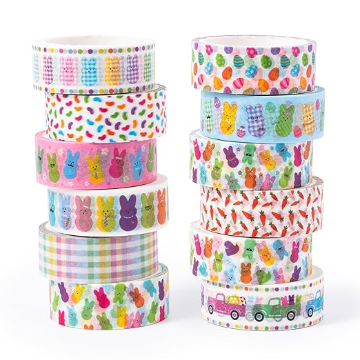 Easter Bunny Washi Tape - 12 Rolls Rabbit Dressed Scrapbook Washi Colored Masking Adhesive Decorative Tape Set School Office Teacher DIY Craft Scrapbooking Junk Journal Journaling Supplies