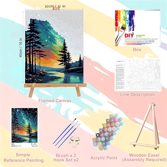 Starry Sky Paint by Numbers for Adults with Framed Canvas - with Wooden Easel, Landscape Paint by Number on Canvas, Acrylic Oil Painting Kit with Brushes Nice Gift Box for Home Wall Decor (12x16 inch)