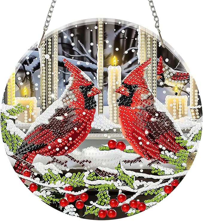 SENQAO Christmas Diamond Art Hanging Kits for Adults, Cardinal Diamond Art Suncatchers, 5D Special Shape Diamond Painting Pendant Window Ornament Gifts for Home Door Wall Decor
