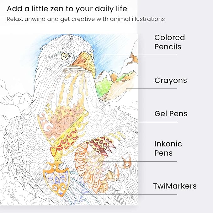 Arteza Coloring Book for Adults, 6.4 x 6.4 Inches, Animal Designs, 72 Sheets, 100 lb Paper, Detachable Pages, Black Outlines, Art Supplies for Relaxing, Reflecting, and Decompressing