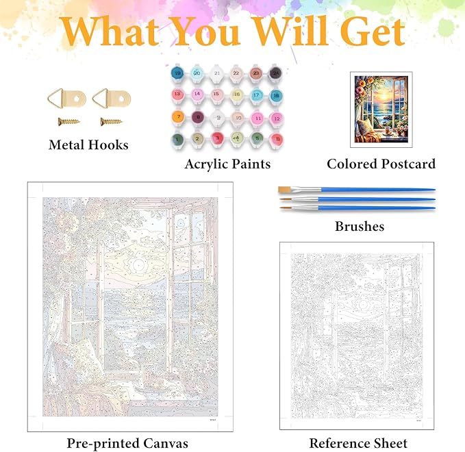 Paint by Numbers Kit for Adults Beginner Window Landscape, Adult Paint by Number Kits on Canvas, Seascape DIY Acrylic Oil Painting by Numbers for Adults, Perfect for Home Wall Decor 16X20 Inch