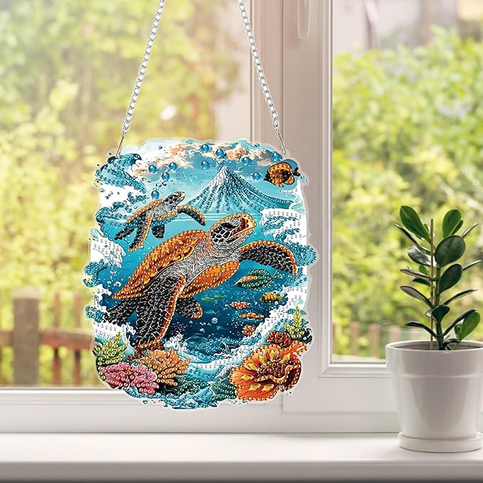 HEIBAGO Diamond Art Hanging Kits for Adults Kids, Hanging Diamond Art Sea Turtle, 5D Special Shaped Crystal Diamond Painting Kit, DIY Pattern Window Pendant for Home Wall Decor 8.3x8.3Inch