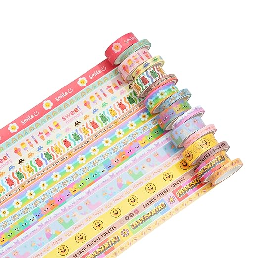 YUBX Cute Cartoon Washi Tape Set 16 Rolls Bright Colors Kawaii Masking Graphic Decorative Tapes for Arts, DIY Crafts, Journals, Planners, Scrapbook, Wrapping