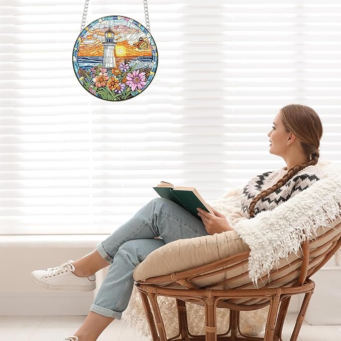 Bimkole Lighthouse Diamond Art Hanging Kit for Adult, DIY 5D Diamond Art Flower Window Pendant, Acrylic Crystal Art Hanging Ornament Home Wall Garden Front Door Sign Outdoor Decor 7.8x7.8 Inch