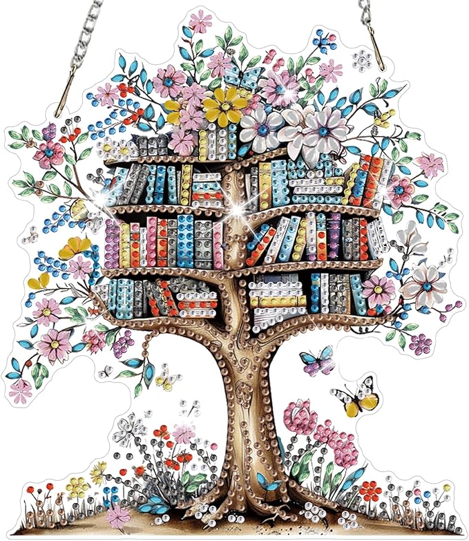 HEIBAGO Book Diamond Art Hanging Kits for Adults, Tree Diamond Art Suncatchers, 5D Special Shape Diamond Painting Pendant, DIY Window Ornament Gifts for Home Garden Door Wall Decor 8.3 x 8.3 Inch