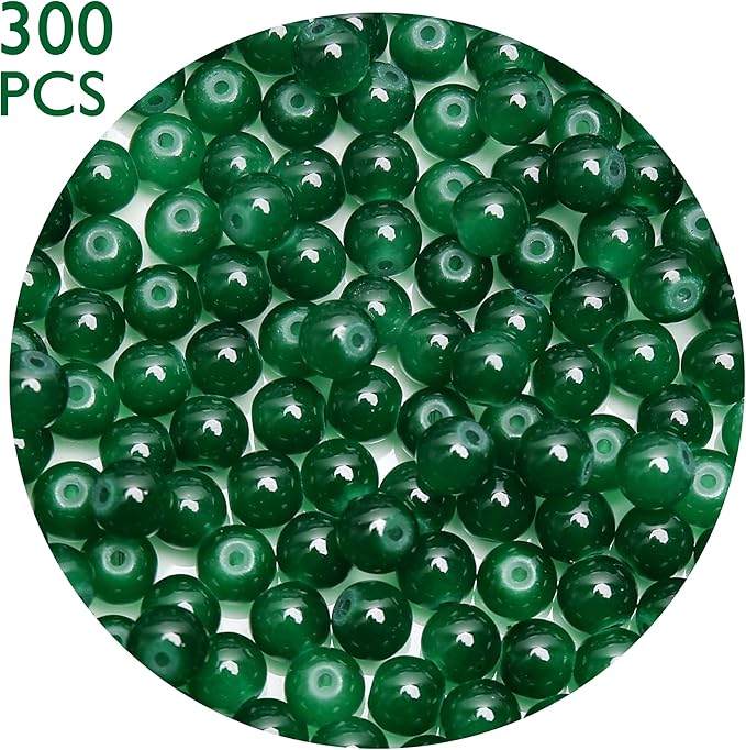 300PCs 6mm Deep Green Jade Glass Beads Bulk, Round Smooth Hole Glass Crystal Beads for Jewelry Making, DIY Bracelets, Necklaces, Bag Charms, Keychains and Craft Projects