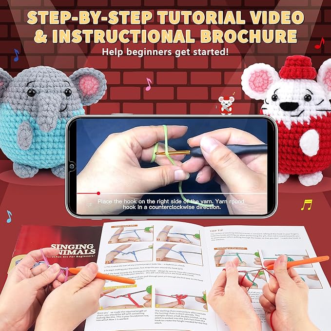 crochet kit for beginners - 4 pcs crochet starter kit with step-by-step video tutorials, for adults - elephant mouse pig koala microphone crocheting set