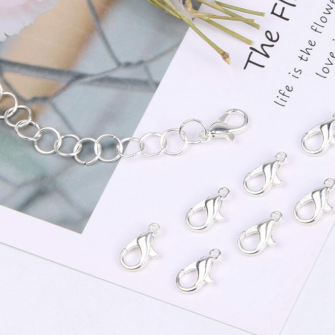 400PCS Lobster Claw Clasps with Open Jump Rings Kit, Bracelet Necklace Silver Fasteners Hooks for DIY Craft Jewelry Making, 12mmX7mm