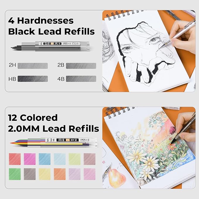 Nicpro 26PCS Art Drawing Supplies Kit, Mechanical Pencils Set 0.5, 0.7, 0.9 & 2mm, 100 Sheets Sketch book, 172PCS Lead Refills, School Supplies Gifts for Artist Adults Teens Girls Boys Sketching