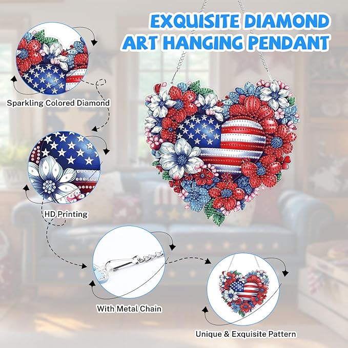 Bowetile 5D Patriotic Diamond Art Hanging Kits for Adults, Diamond Painting Heart Shape Flowers Pendant Kits, Special Shape USA Flag Gem Art Suncatcher Ornament for Home Window Wall Decor